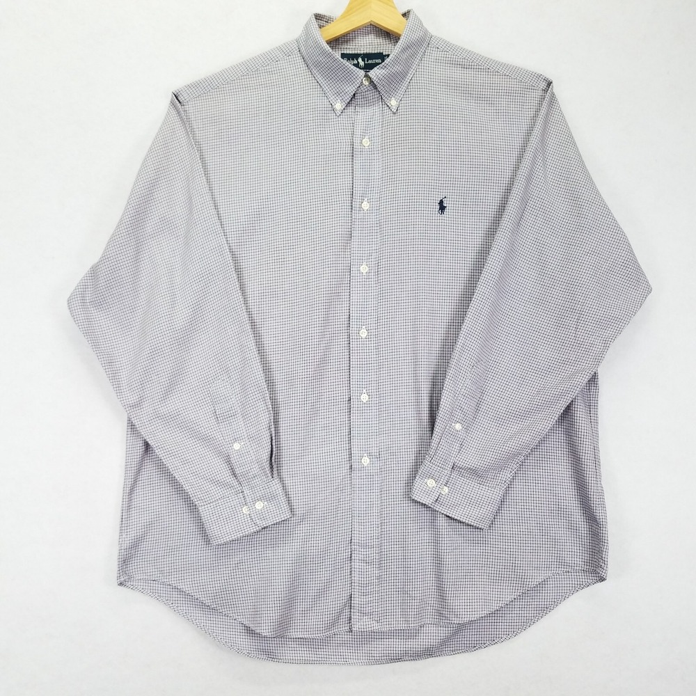 Vtg Ralph Lauren Yarmouth Casual Shirt Men 17 34/35 Blue Mini Check Long Sleeve